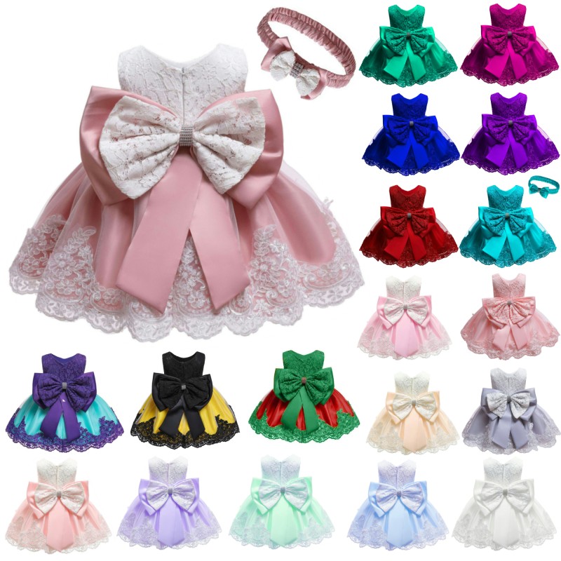 Hot Selling One Year Birthday Summer Baby Bow Short Skirt with Puffy Mesh Cotton Dress Princess Lace Children Girl Dress