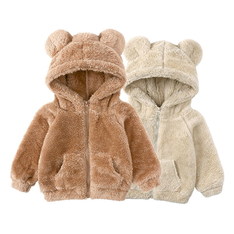 Wholesale Warm Hooded Unisex Solid Color Baby Winter Fur Trim Cappuccio Coat Coat Zipper Children Chaquetas Wool Jacket Veste