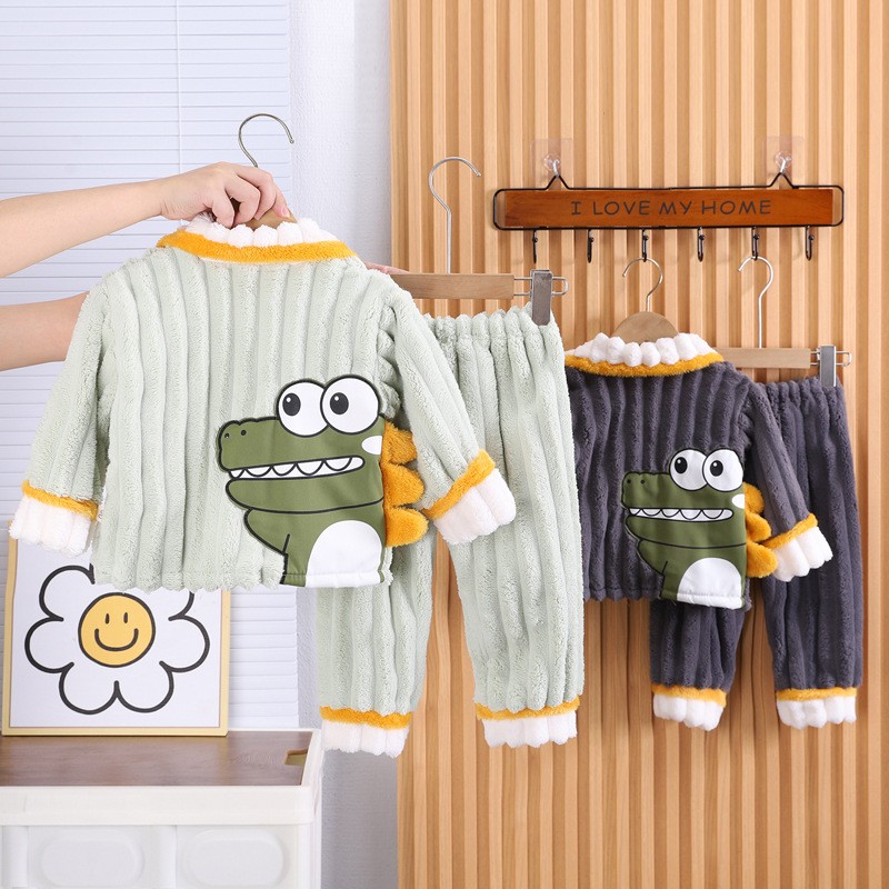 Wholesale Winter Set Children Pajamas Set Children Clothing Thickened Cartoon Cardigan Baby Clothing