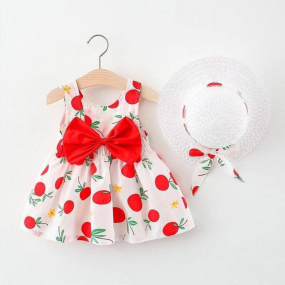 Wholesale Girl Children Dress Fresh Style Large Strawberry Print Dress with Hat Children Dress Bow Summer Princess