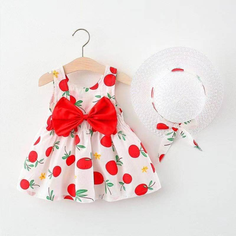 Wholesale Girl Children Dress Fresh Style Large Strawberry Print Dress with Hat Children Dress Bow Summer Princess