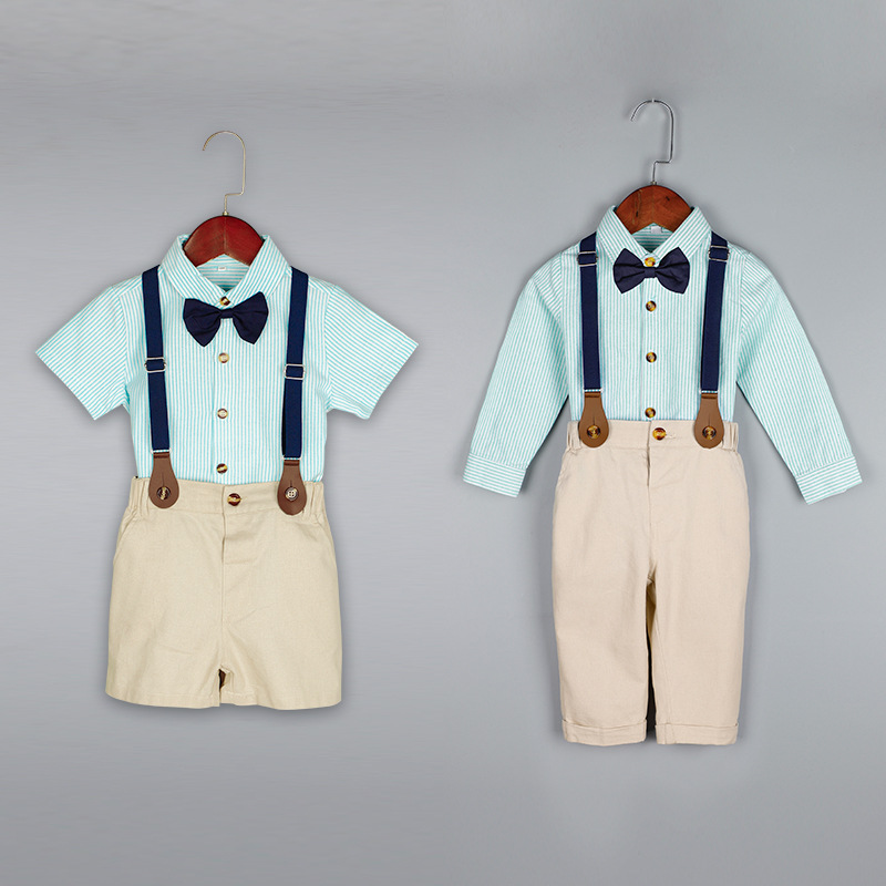 Bow Summer Shirt Overalls Formal Occasion Boys 4 pcs Set Performance Costume Dress Children's Suit Clothing Birthday Wholesale