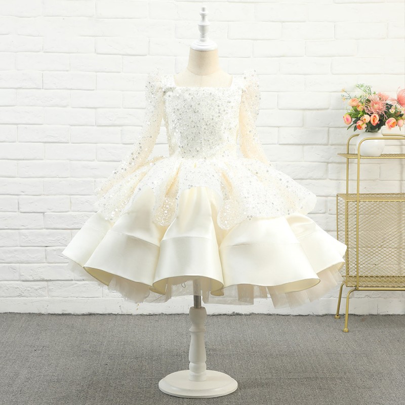 Host Dress Girl High-End Princess Photography Wedding Birthday Mid-Length White Dress Shiny Children Floral Children Party Dress
