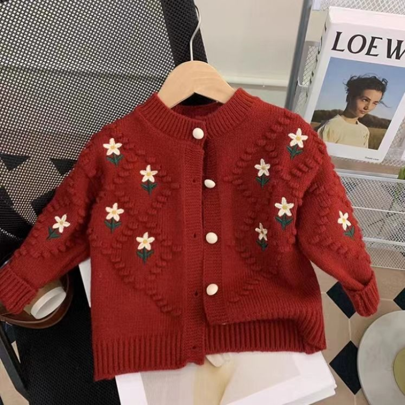 Children Winter Clothing Veste Hiver Cute Floral Knit Cardigan Chompa Para Nina Fashion Hot Selling Casaco Teen Sweater