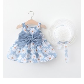 Summer New Baby Girl Vest Chest Large Bow Floral Dress with Hat 6 Months Baby Summer Dress Princess Dress 0-2 Years Girl Print