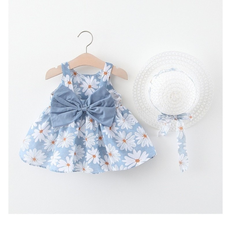 Summer New Baby Girl Vest Chest Large Bow Floral Dress with Hat 6 Months Baby Summer Dress Princess Dress 0-2 Years Girl Print