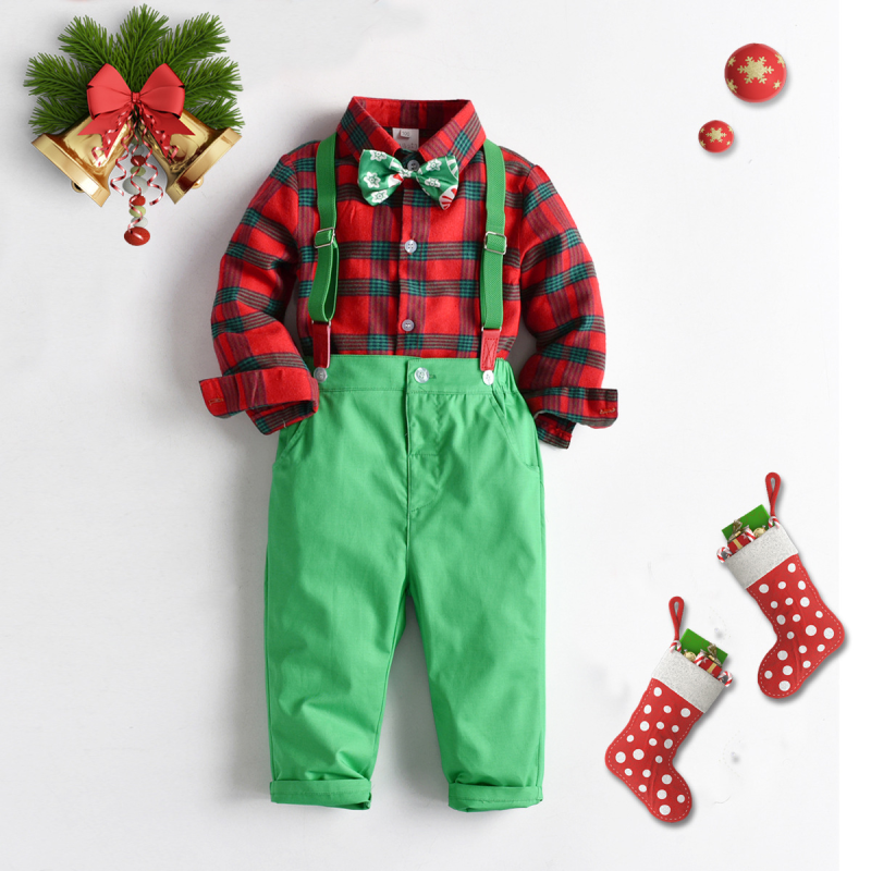 Gift Denim Overalls Children Boy Set Christmas Costume Plaid Shirt Bow Tie Party Clothing Elf Children Clothing Set