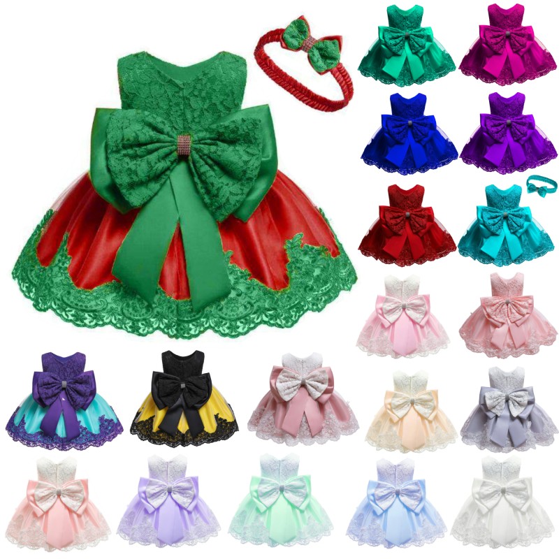 Hot Selling One Year Birthday Summer Baby Bow Short Skirt with Puffy Mesh Cotton Dress Princess Lace Children Girl Dress