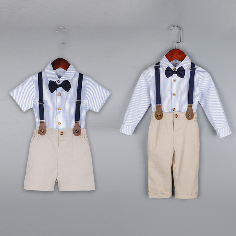 Bow Summer Shirt Overalls Formal Occasion Boys 4 pcs Set Performance Costume Dress Children's Suit Clothing Birthday Wholesale