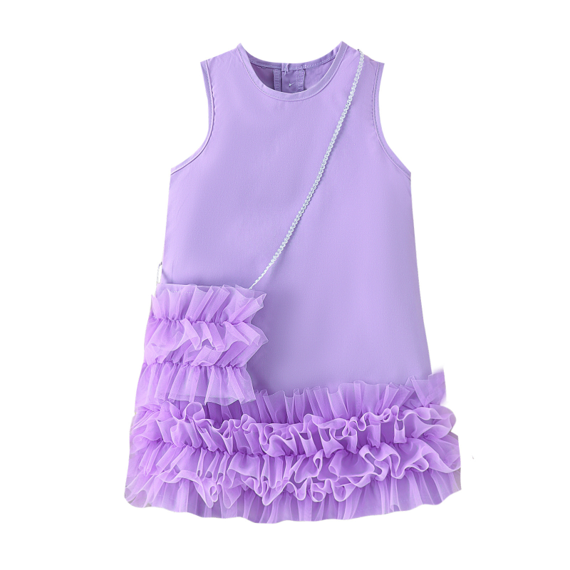 New Summer Trend Children's Clothing Cross-Over Medium Small Children Girl Sleeveless Mesh Tiered Dress Dress Set
