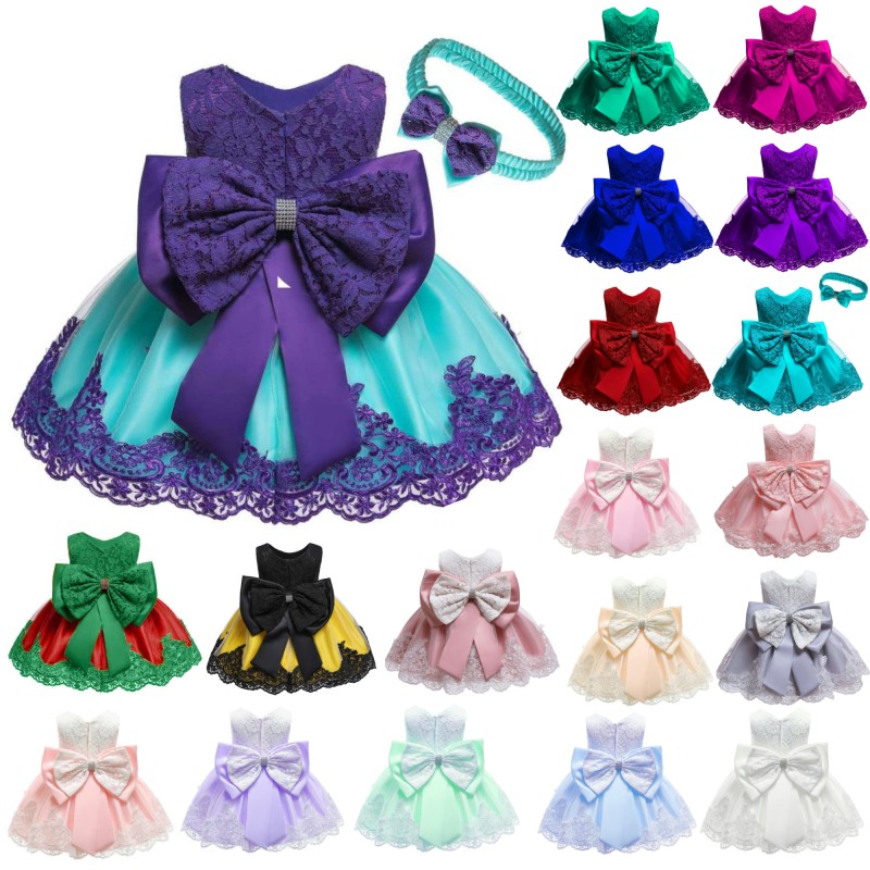 Hot Selling One Year Birthday Summer Baby Bow Short Skirt with Puffy Mesh Cotton Dress Princess Lace Children Girl Dress