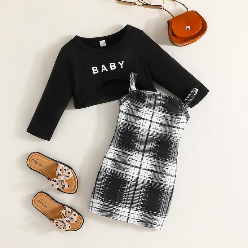 Round Neck Plaid Long Sleeve Spaghetti Strap Jumper Dress Black Crop Top 2-Piece Set Bodycon Skirt Baby Toddler Girl Set