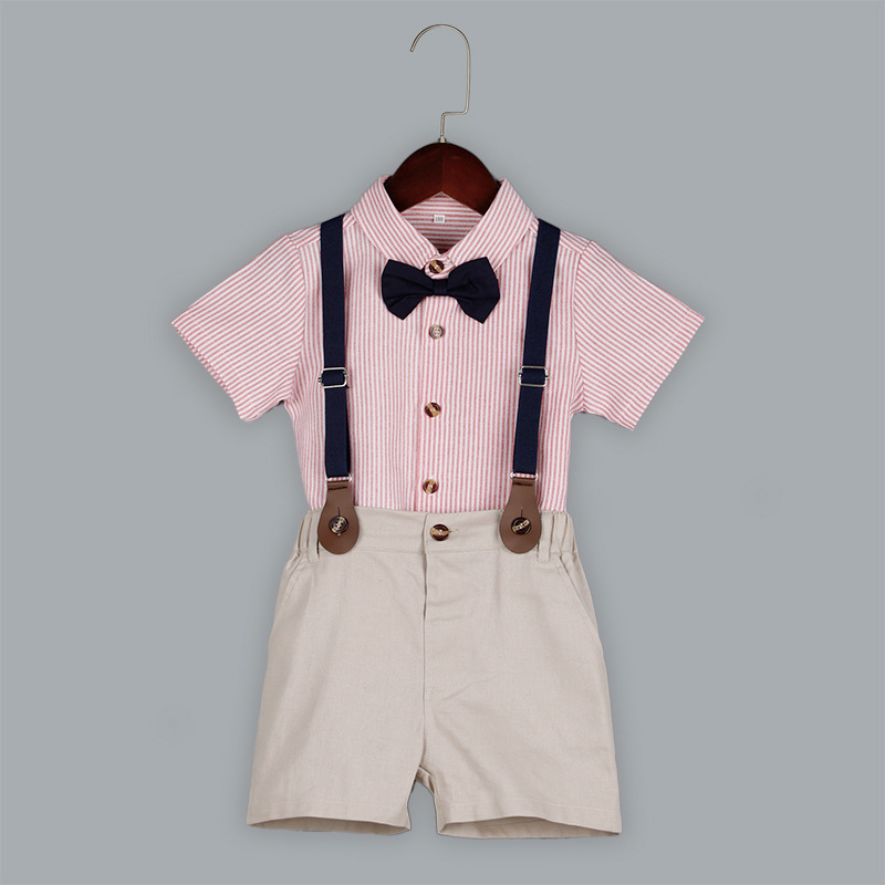 Bow Summer Shirt Overalls Formal Occasion Boys 4 pcs Set Performance Costume Dress Children's Suit Clothing Birthday Wholesale