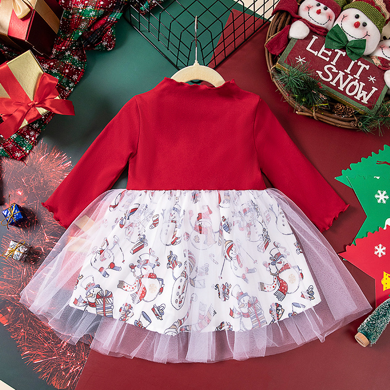 New Baby Girl Clothing Warm Navidad Long Sleeve Bow Mesh Christmas Vetements De Noel Smock Dress Children Natal Weihnachten Dress