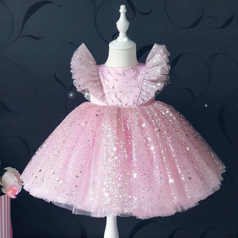 European & American Girl Dress Small Children Bow Flutter Sleeve Princess Mesh Puffy Skirt Christmas Princess Children Dress