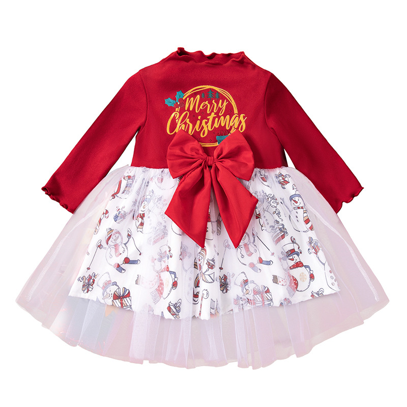 New Baby Girl Clothing Warm Navidad Long Sleeve Bow Mesh Christmas Vetements De Noel Smock Dress Children Natal Weihnachten Dress