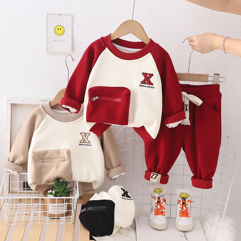 Winter Set Children Clothing Boy Set Felpa Conjunto Best Seller Com Capuz Sudadera Essentials Solid Color Patch Thickened