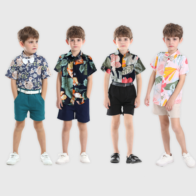 Summer Short Sleeve Floral Shirt Boy Shorts Casual Two-Piece Set Infant Children's Clothing Multi-Color Beach Outfit