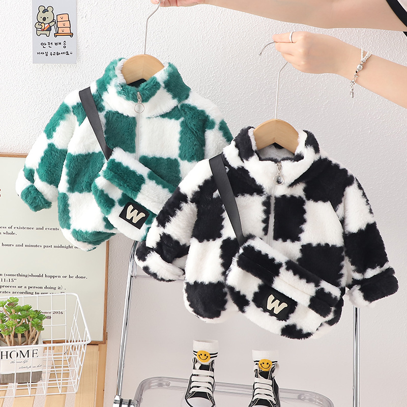 Factory Plush Comfortable Children Chaquetas Jacket Plaid Hot Casaquinho Sale Winter Coat Abrigos Para Ninos with Crossbody Bag