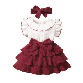 Summer Robe De Fille Bandeau Children Headband Bow A-Line Ruffle Sleeve Set 2-Piece Set Toddler Tiered Mini Skirt Girl Dress