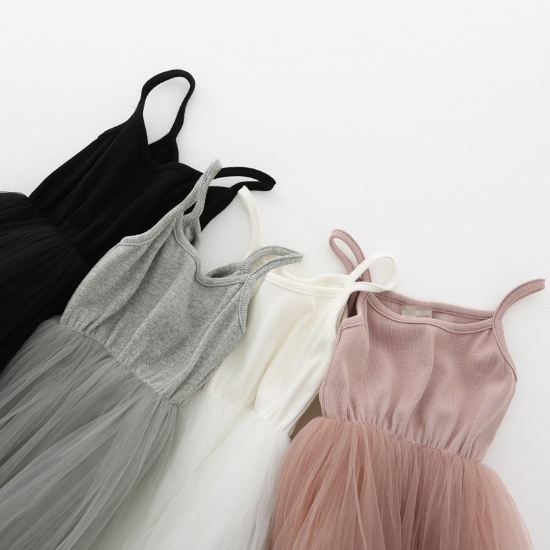 Wholesale Girl Spaghetti Strap Tutu Silk Ribbed Double Layer Breathable Mesh Princess Dress Tulle Fashion Children Spaghetti Strap