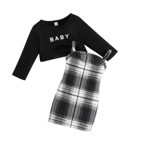 Round Neck Plaid Long Sleeve Spaghetti Strap Jumper Dress Black Crop Top 2-Piece Set Bodycon Skirt Baby Toddler Girl Set