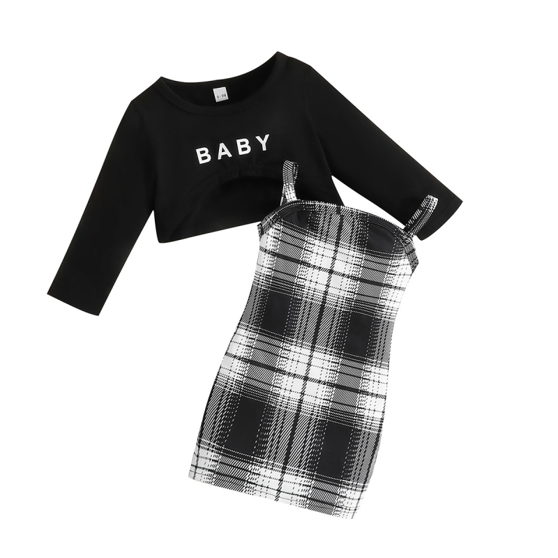 Round Neck Plaid Long Sleeve Spaghetti Strap Jumper Dress Black Crop Top 2-Piece Set Bodycon Skirt Baby Toddler Girl Set
