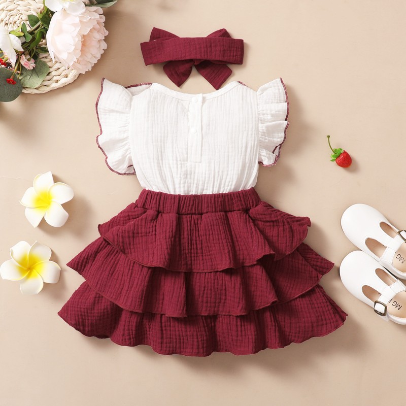 Summer Robe De Fille Bandeau Children Headband Bow A-Line Ruffle Sleeve Set 2-Piece Set Toddler Tiered Mini Skirt Girl Dress