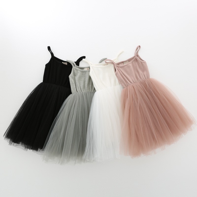 Wholesale Girl Spaghetti Strap Tutu Silk Ribbed Double Layer Breathable Mesh Princess Dress Tulle Fashion Children Spaghetti Strap