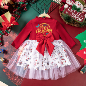 New Baby Girl Clothing Warm Navidad Long Sleeve Bow Mesh Christmas Vetements De Noel Smock Dress Children Natal Weihnachten Dress