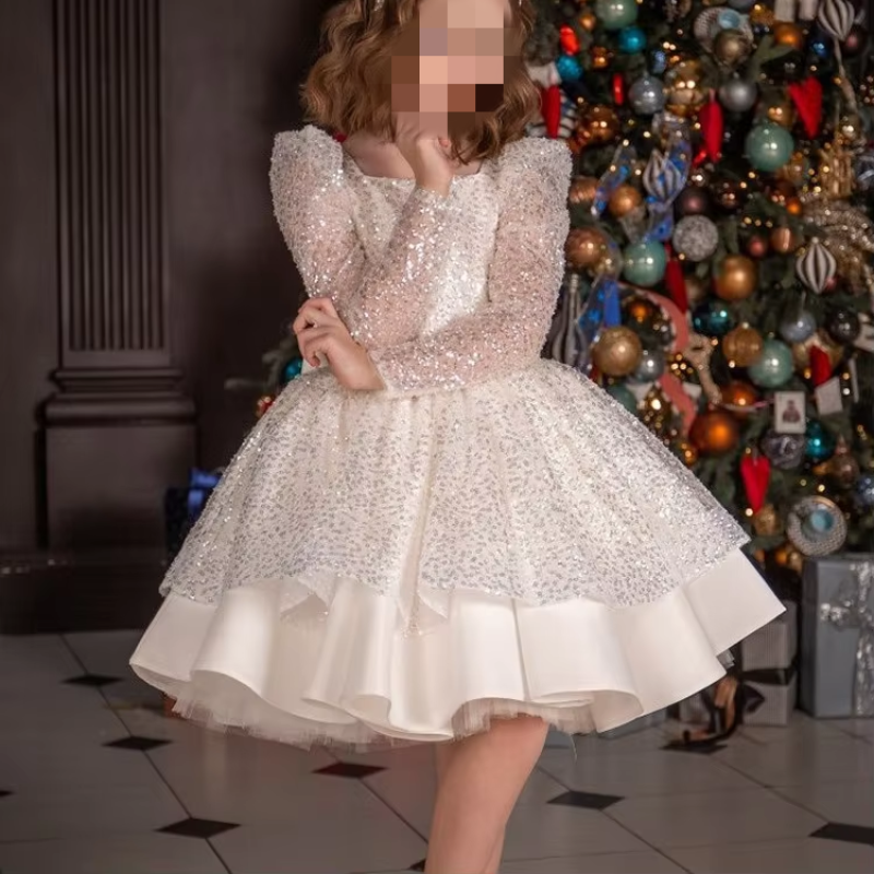 Runway Princess Dress Children Birthday Tutu Floral Girl Wedding Little Piano Performance Costume Luxury Dress Long Sleeve