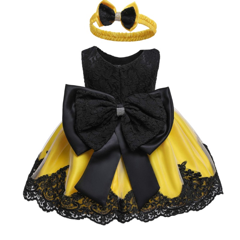 Hot Selling One Year Birthday Summer Baby Bow Short Skirt with Puffy Mesh Cotton Dress Princess Lace Children Girl Dress