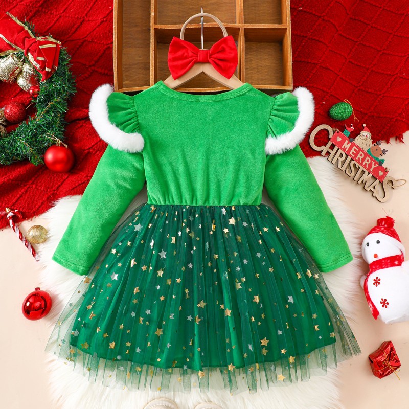 Christmas Skirt Dress Sequins Children Clothing Star Bow Long Sleeve Sequin Fabric Toddler Girl Dress Princess