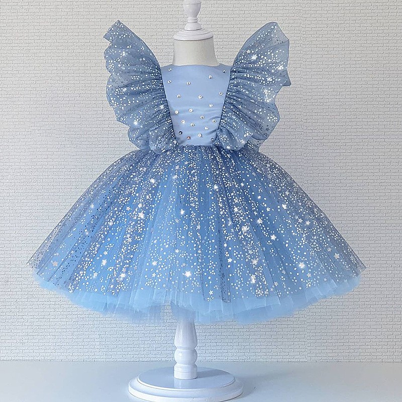 European & American Girl Dress Small Children Bow Flutter Sleeve Princess Mesh Puffy Skirt Christmas Princess Children Dress