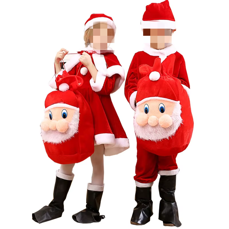 Christmas Children Role-Play Santa Claus Costume Cheap Puffy Dress Set Cartoon Backpack Red Hat Christmas Costume Children