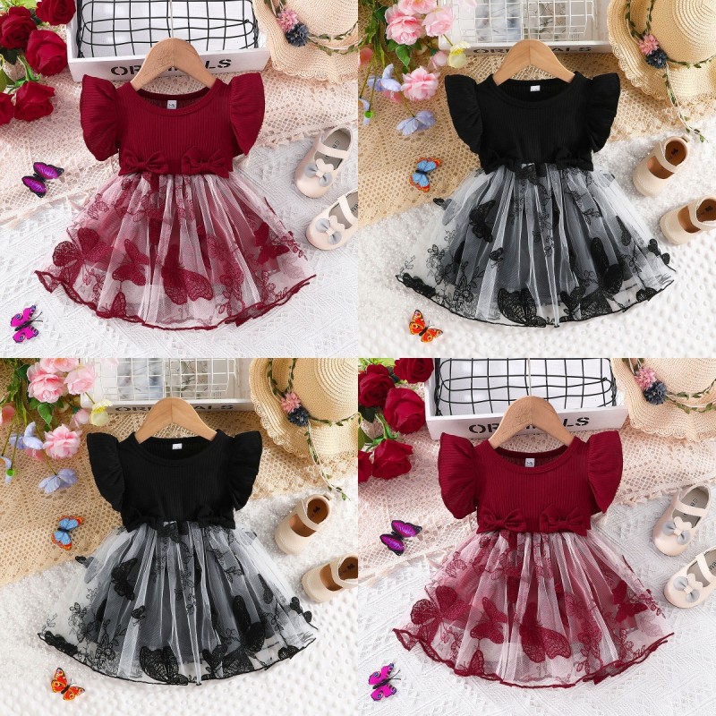 Summer Bebe Filles Enfant Tulle Butterfly Print Niche Dress Children's Clothing Baby Swing Flutter Sleeve Toddler Short Dress Dress Red