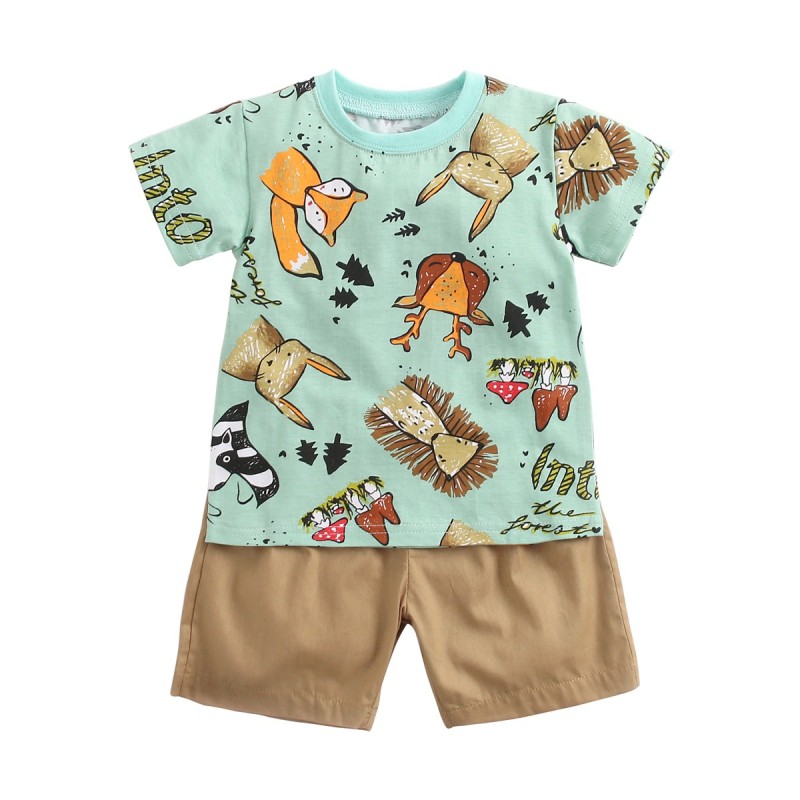 Baby Set Summer Boy Cartoon Short Sleeve T-Shirt Children's Clothing 2-Piece Set Clothes Animal Print Fabric Round Neck Casual