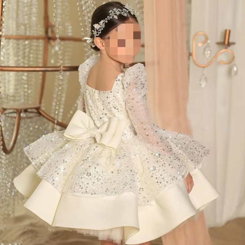 Host Dress Girl High-End Princess Photography Wedding Birthday Mid-Length White Dress Shiny Children Floral Children Party Dress