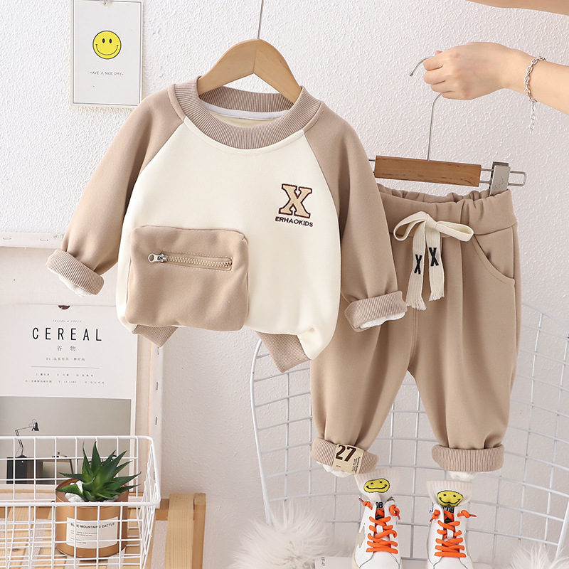 Winter Set Children Clothing Boy Set Felpa Conjunto Best Seller Com Capuz Sudadera Essentials Solid Color Patch Thickened