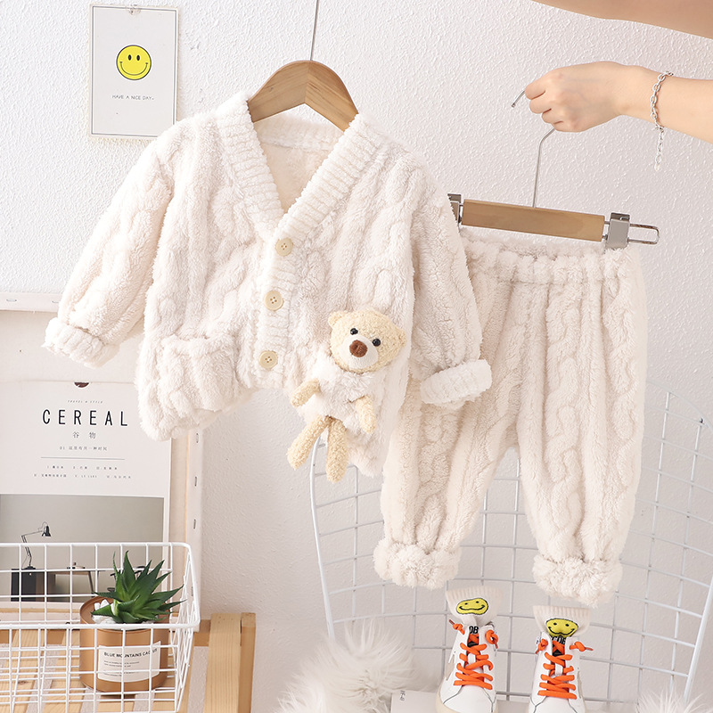 New Wholesale Children Pajamas Set Solid Color Bear Low Price 2 pcs Set Special Offer Casual Hot Selling Embroidery Thick Children