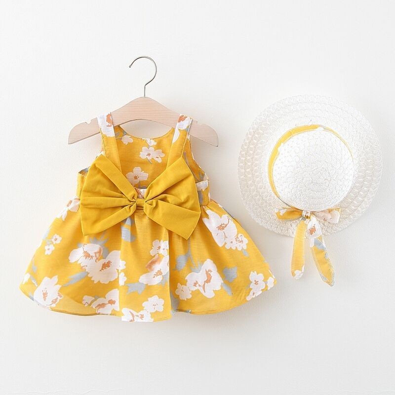 Summer New Baby Girl Vest Chest Large Bow Floral Dress with Hat 6 Months Baby Summer Dress Princess Dress 0-2 Years Girl Print