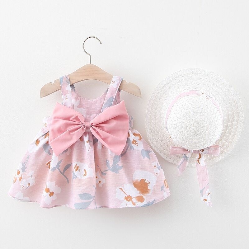 Summer New Baby Girl Vest Chest Large Bow Floral Dress with Hat 6 Months Baby Summer Dress Princess Dress 0-2 Years Girl Print