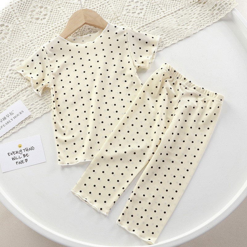 Baby Pajamas Summer Lightweight Set Polka Dot Fashion Girl Summer Two-Piece Set Home Wear Children Air-Conditioning Clothes