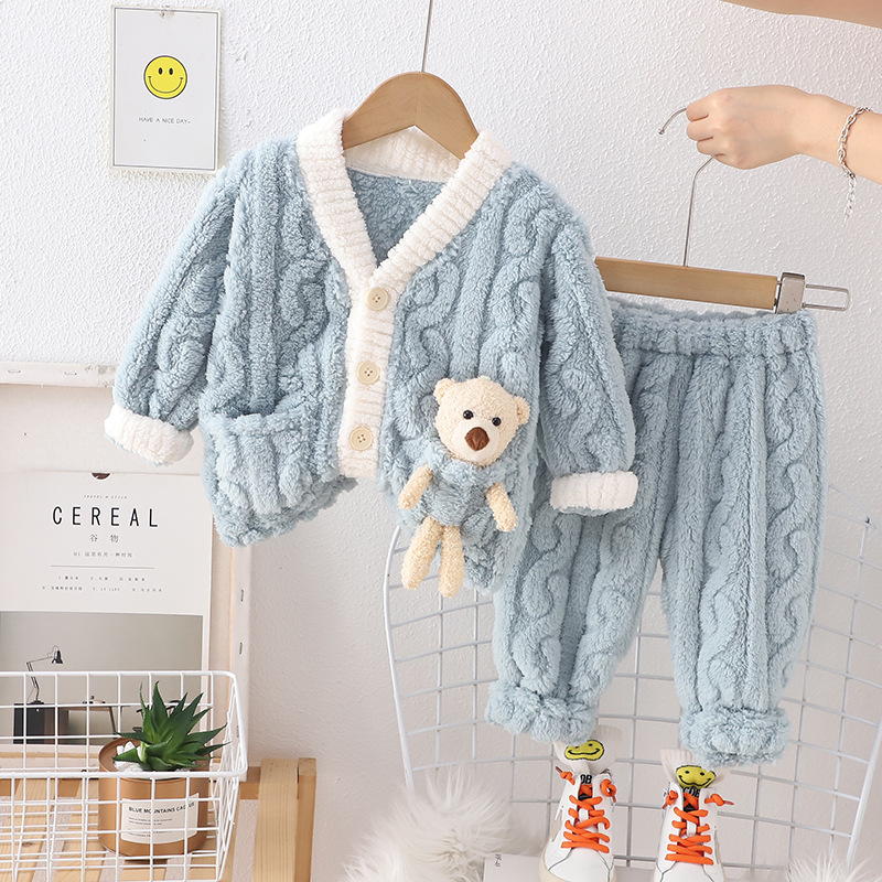 New Wholesale Children Pajamas Set Solid Color Bear Low Price 2 pcs Set Special Offer Casual Hot Selling Embroidery Thick Children