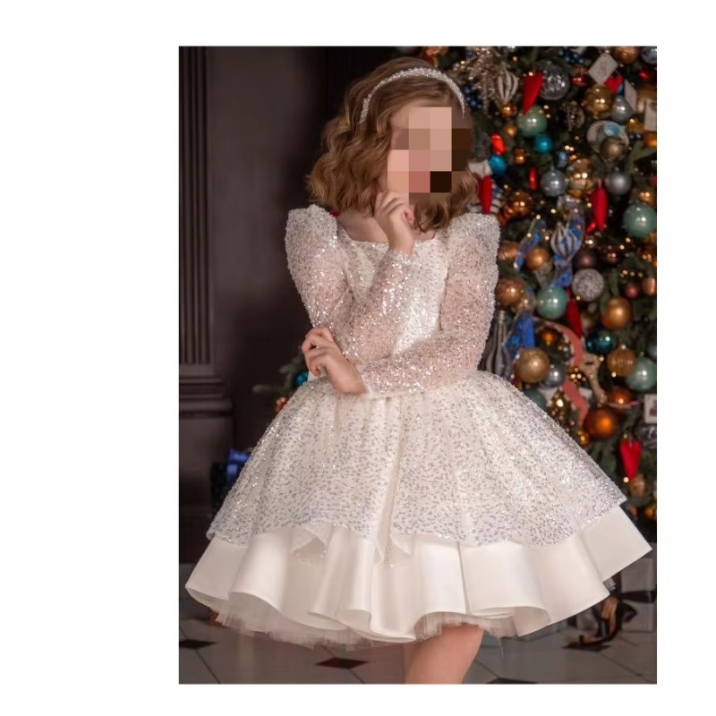 Runway Princess Dress Children Birthday Tutu Floral Girl Wedding Little Piano Performance Costume Luxury Dress Long Sleeve