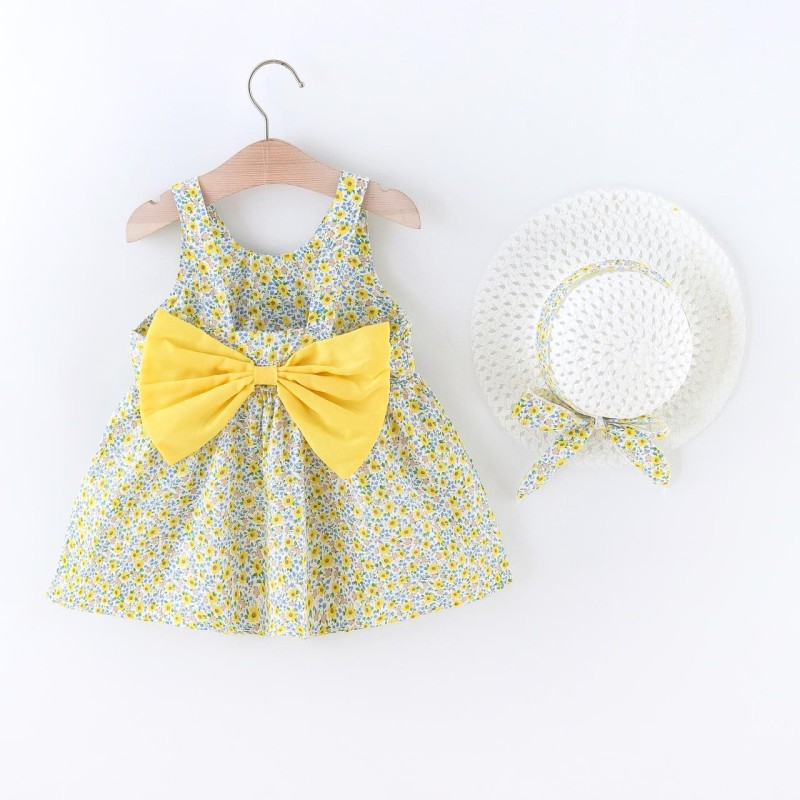 Summer New Baby Girl Vest Chest Large Bow Floral Dress with Hat 6 Months Baby Summer Dress Princess Dress 0-2 Years Girl Print