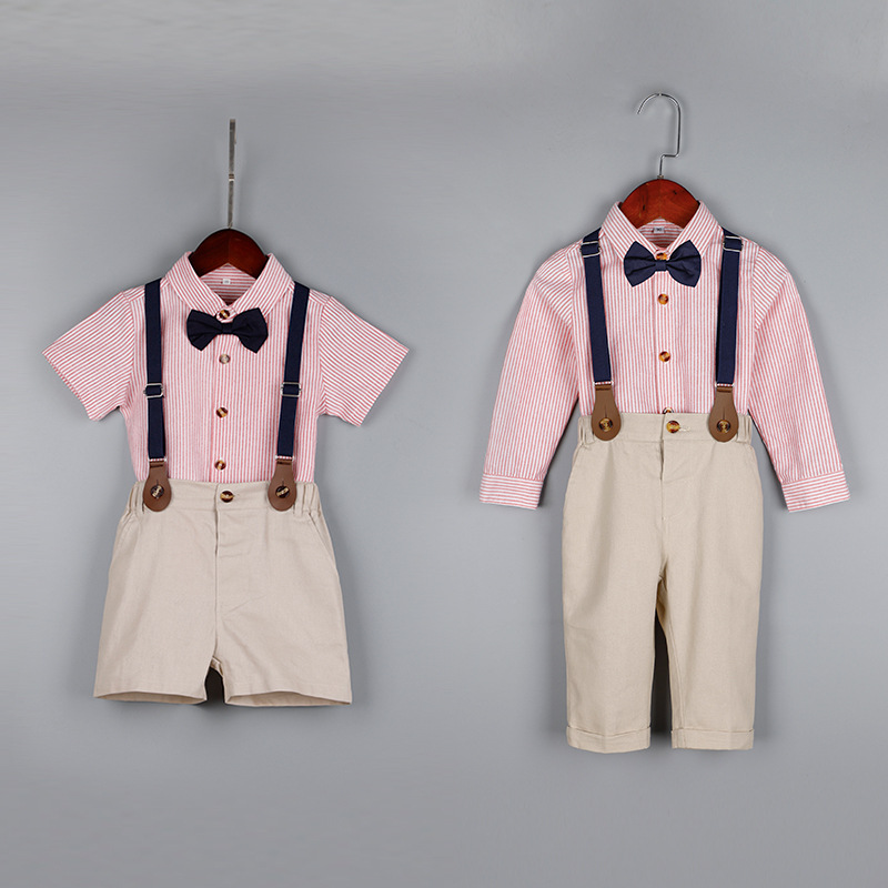 Bow Summer Shirt Overalls Formal Occasion Boys 4 pcs Set Performance Costume Dress Children's Suit Clothing Birthday Wholesale