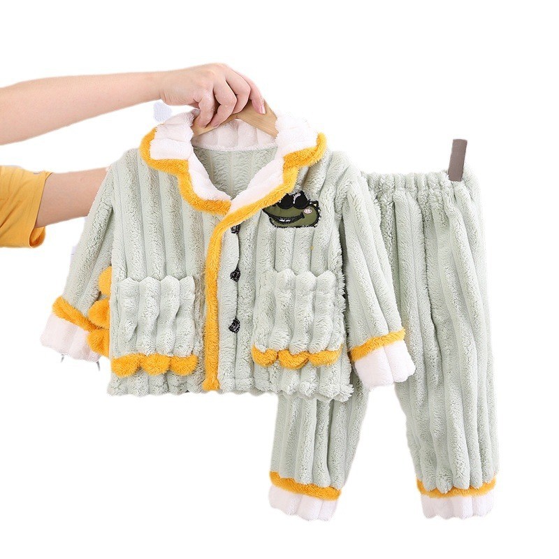 Wholesale Winter Set Children Pajamas Set Children Clothing Thickened Cartoon Cardigan Baby Clothing