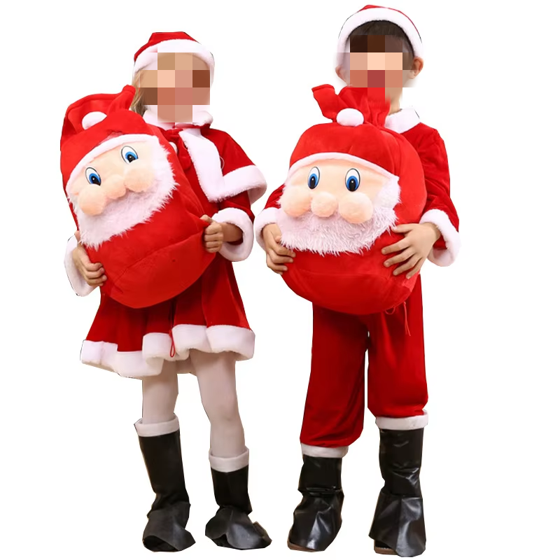 Christmas Children Role-Play Santa Claus Costume Cheap Puffy Dress Set Cartoon Backpack Red Hat Christmas Costume Children