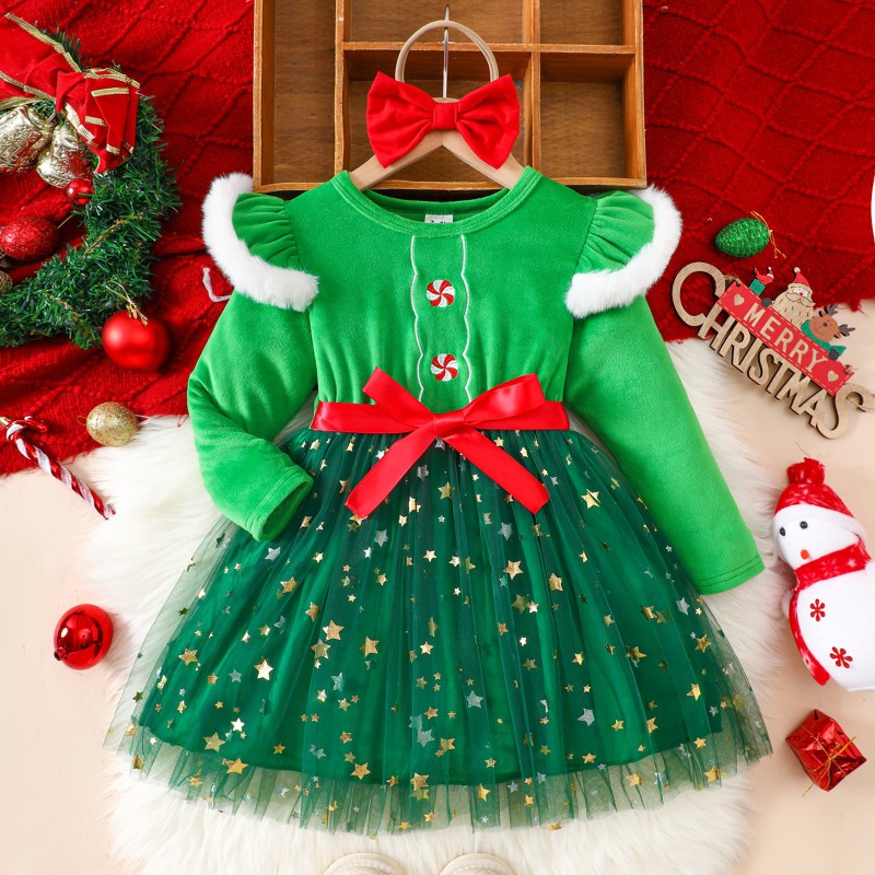 Christmas Skirt Dress Sequins Children Clothing Star Bow Long Sleeve Sequin Fabric Toddler Girl Dress Princess